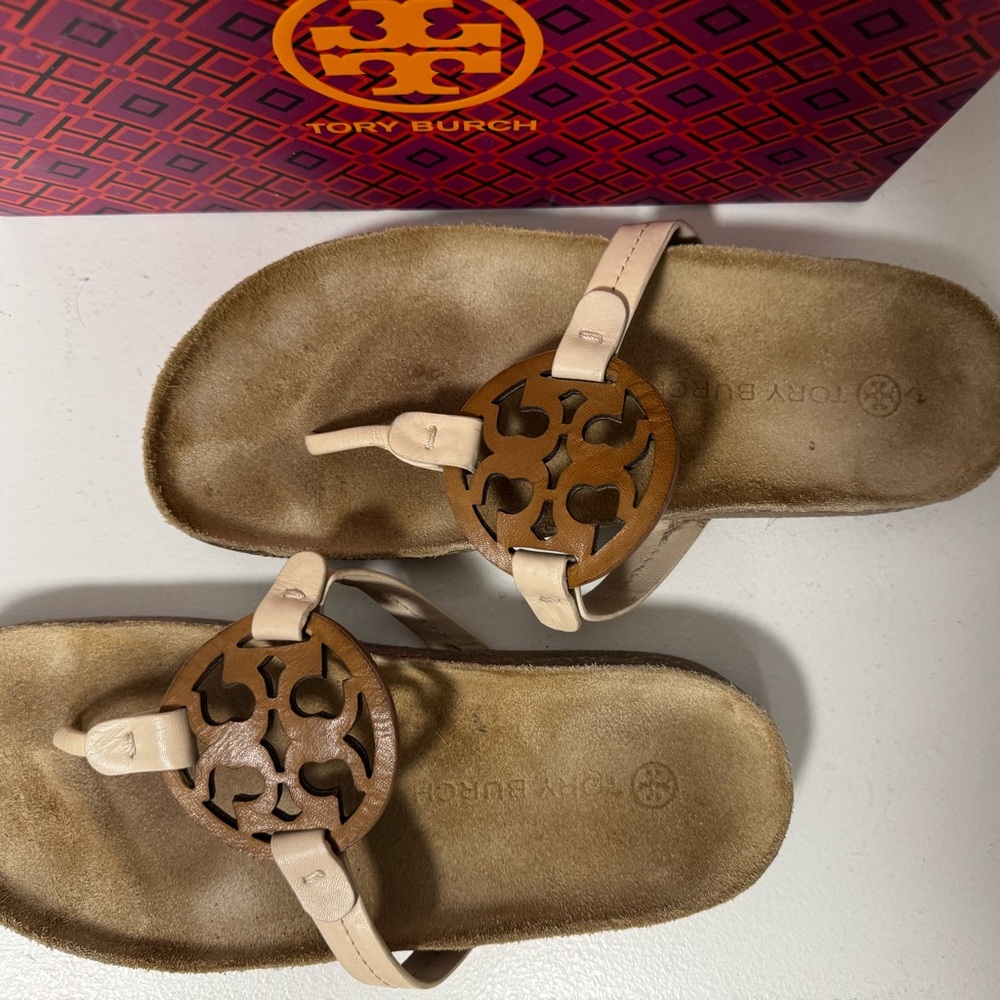 Tory Burch Tan and Brown Logo Sandals